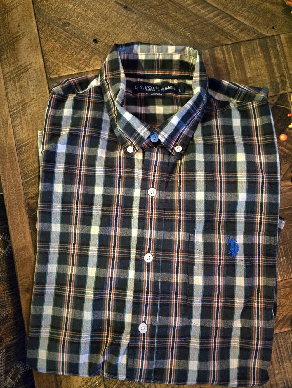 U.S. Polo Assn. Navy, Black, Green and White Plaid Button-Down Shirt Large L